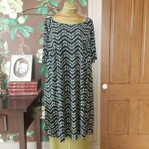 Connected Apparel Geometric Chevron Shift Dress – Black Teal Tan – 3/4 Sleeve